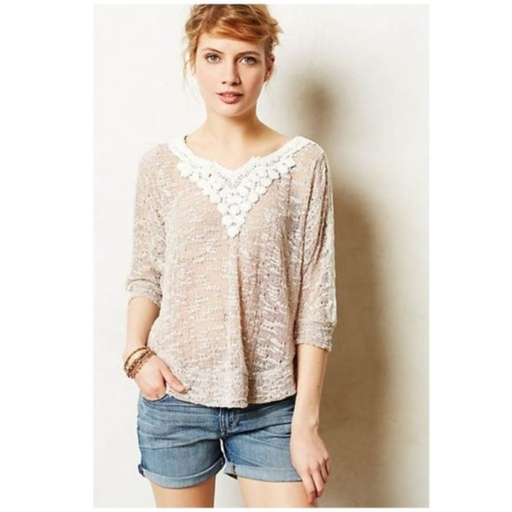 Anthropologie Meadow Rue Crochet Taupe Crochet Lace Pullover Sweater  XS